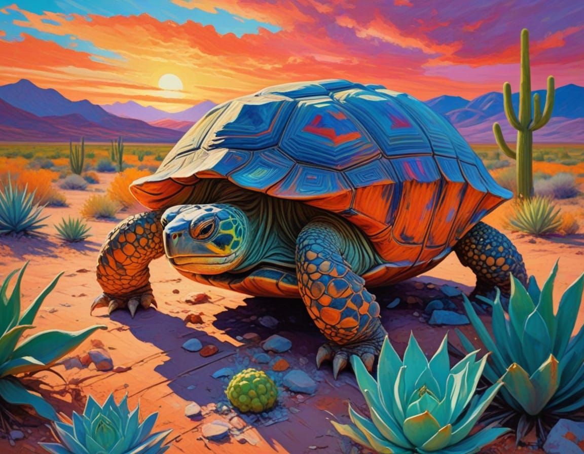 Majestic Desert Tortoise in a Vibrant, Twisted Landscape