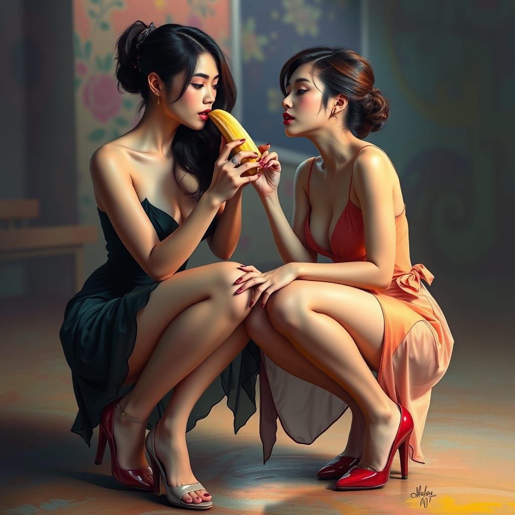 Hyperrealistic Women Sharing Banana, Digital Concept Art