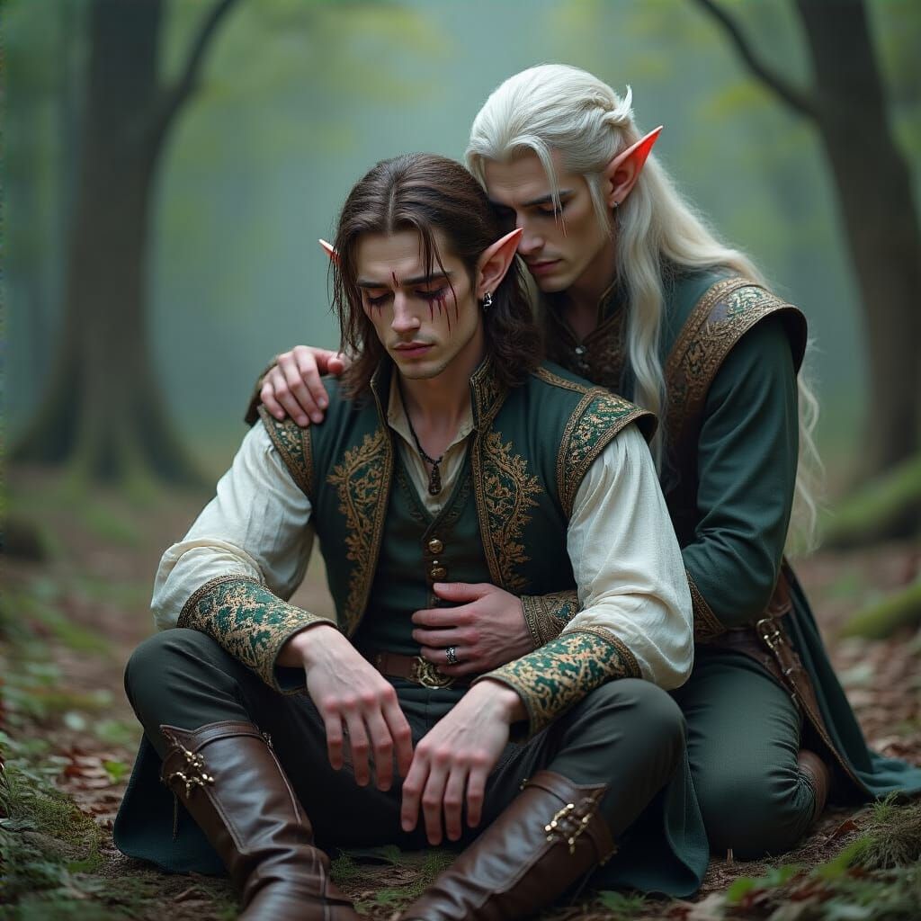 Fantasy Elves and Men in Forest Clearing