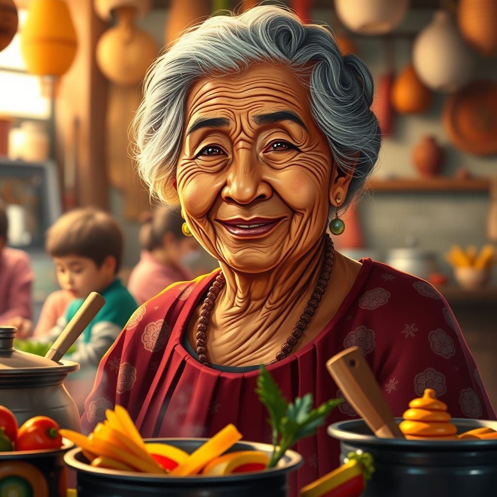 Warm Community Portrait with Vibrant Kitchen Utensils and Tr...