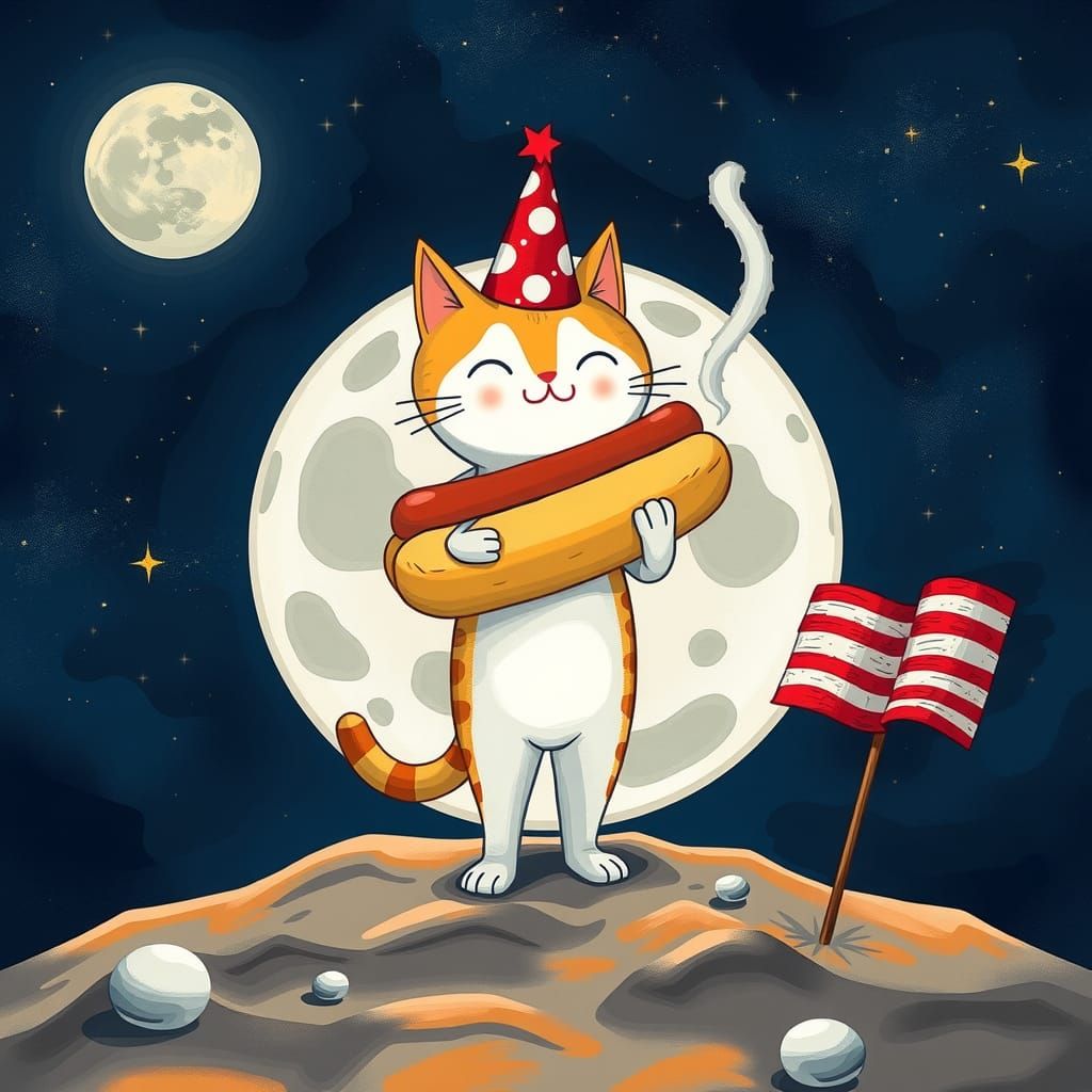 Cartoon Cat Celebrates with Hot Dog on the Moon