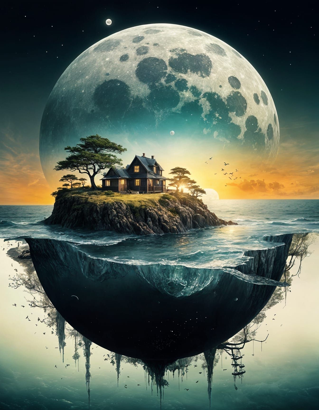 Surreal Sumi-e Moonscape Featuring Earth Elements