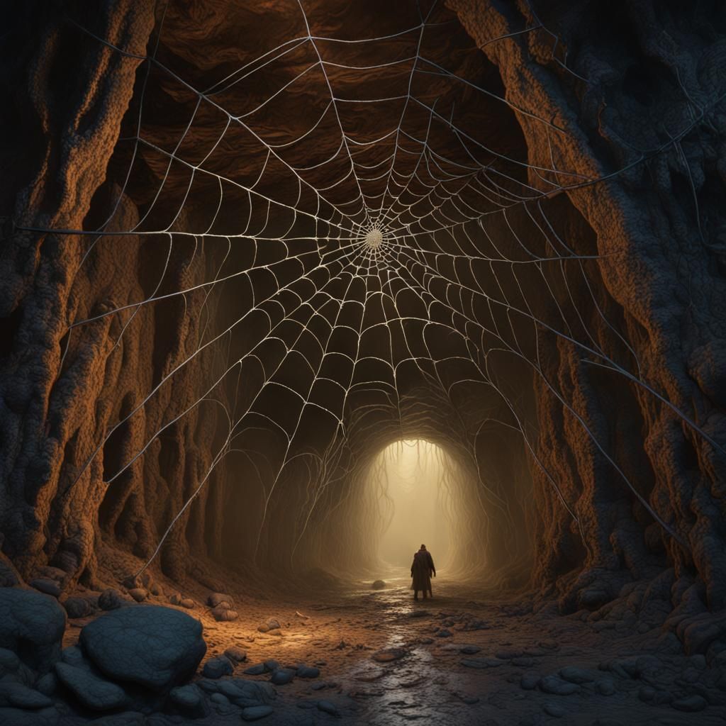 Horror Cavern: Giant Spider in Webs, Detailed Painting