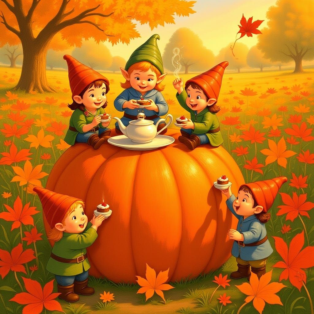 Whimsical Gnomes Tea Party on Giant Pumpkin in Autumn Leaves