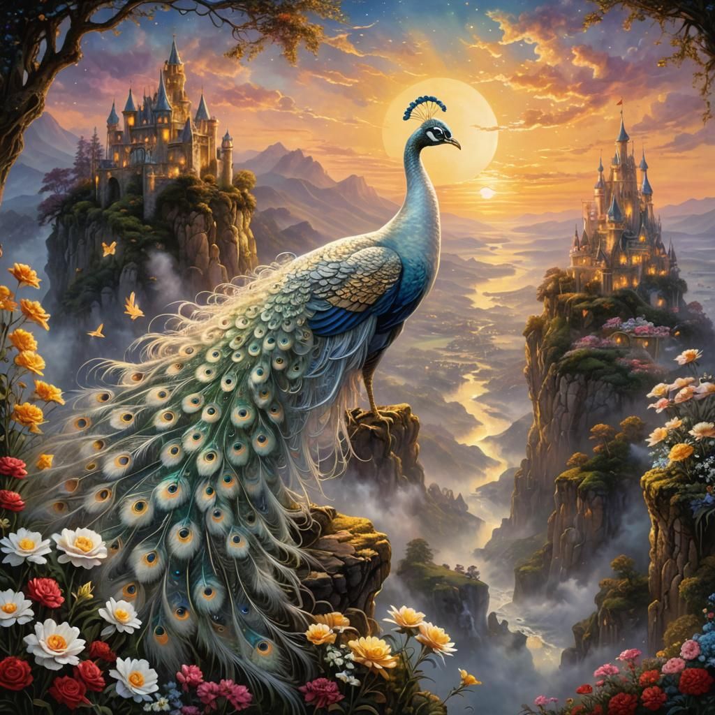 Ethereal White Peacock with Gold Filigree Fantasy Scene