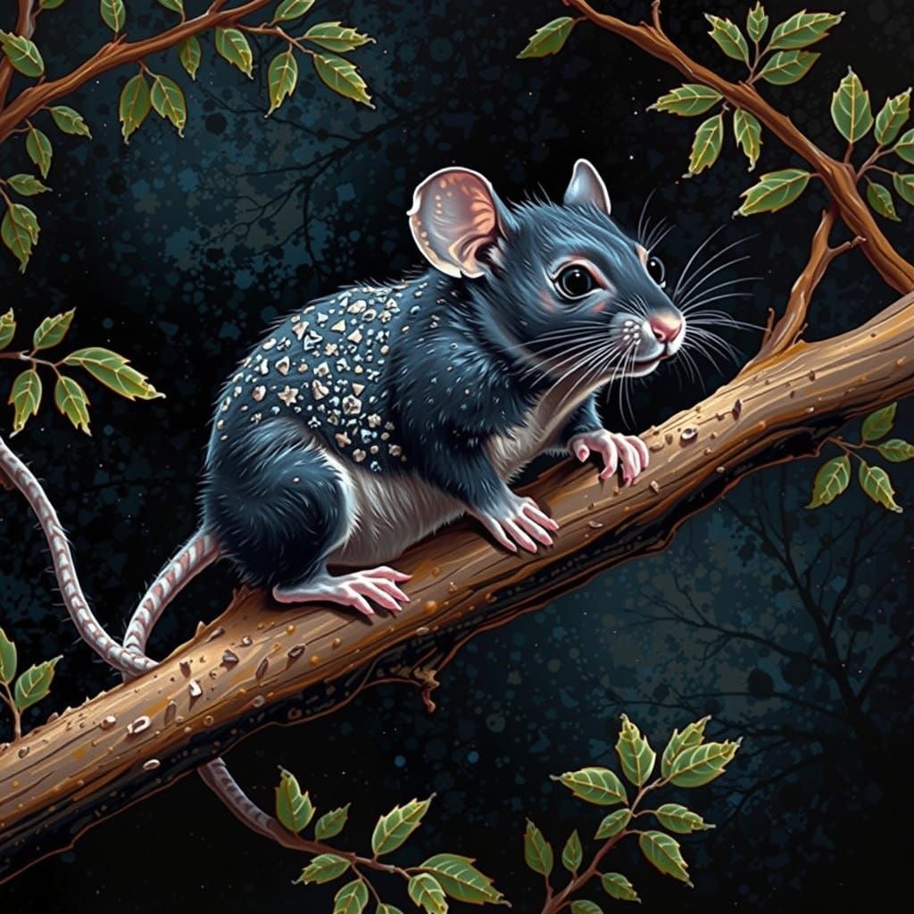 Mouse on a Branch in Mysterious Pointillist Style