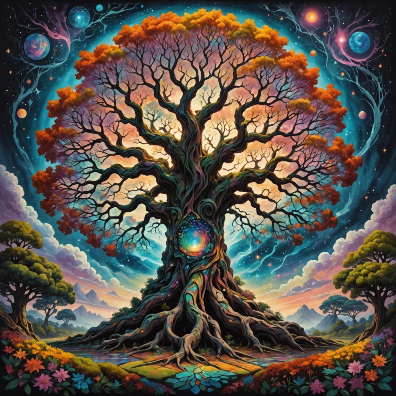 Nebula Tree in Hyperdetailed Charcoal Drawing