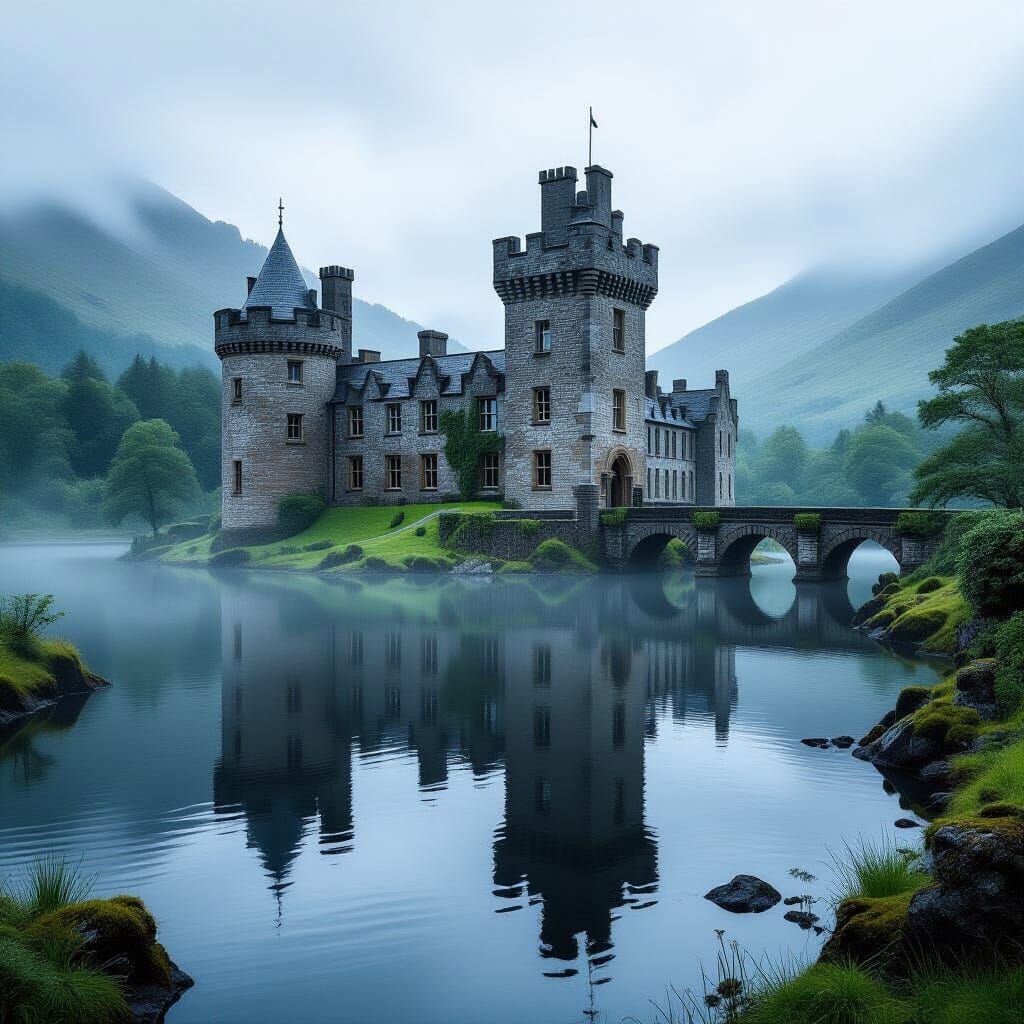 Majestic Scottish Castle Reflection in Photorealistic Style