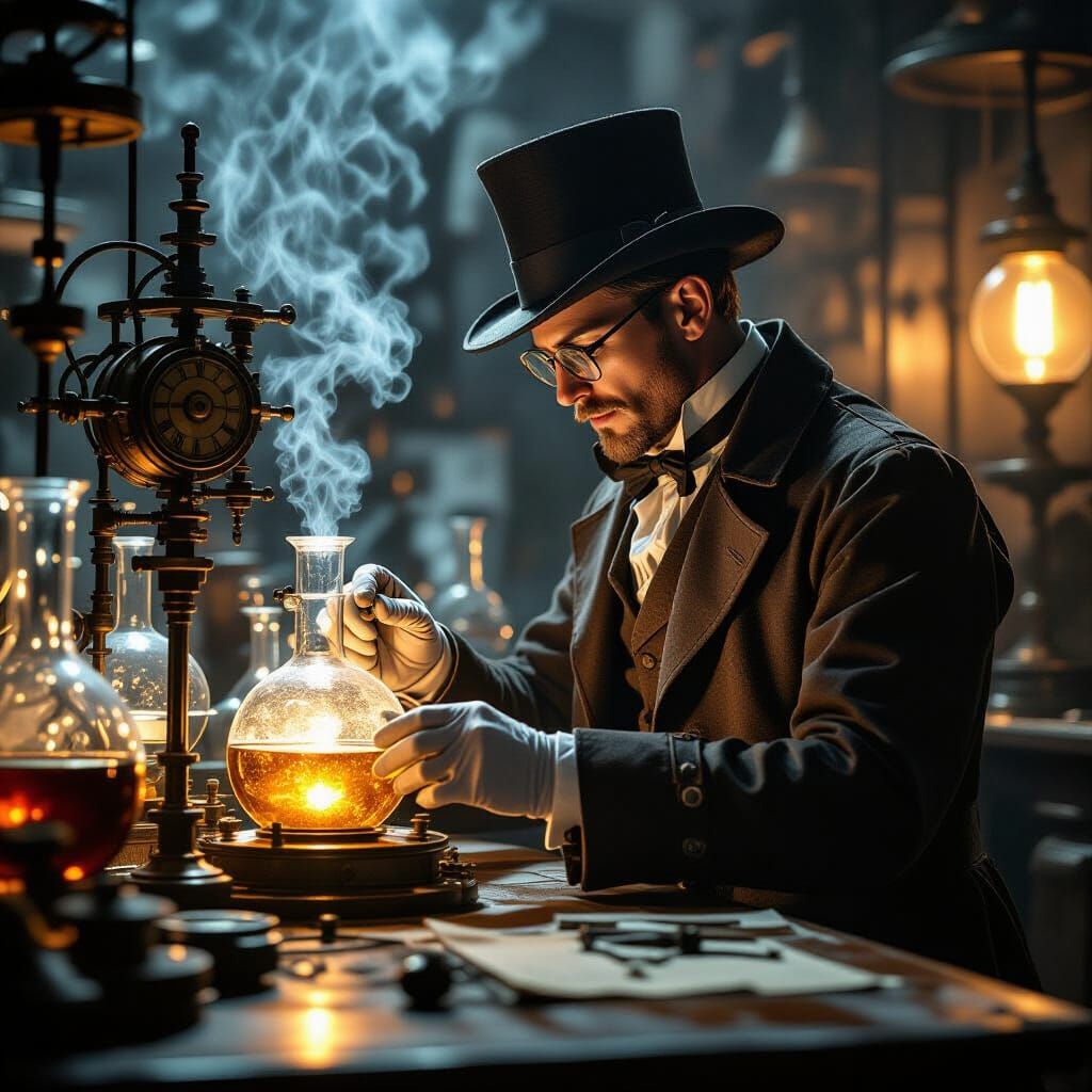 Victorian Scientist Adjusting Temporal Device in Sepia Tones