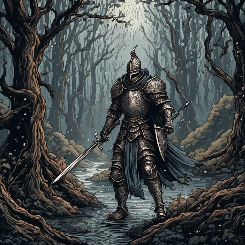 Angelic Knight in Rainy Forest Ink Drawing