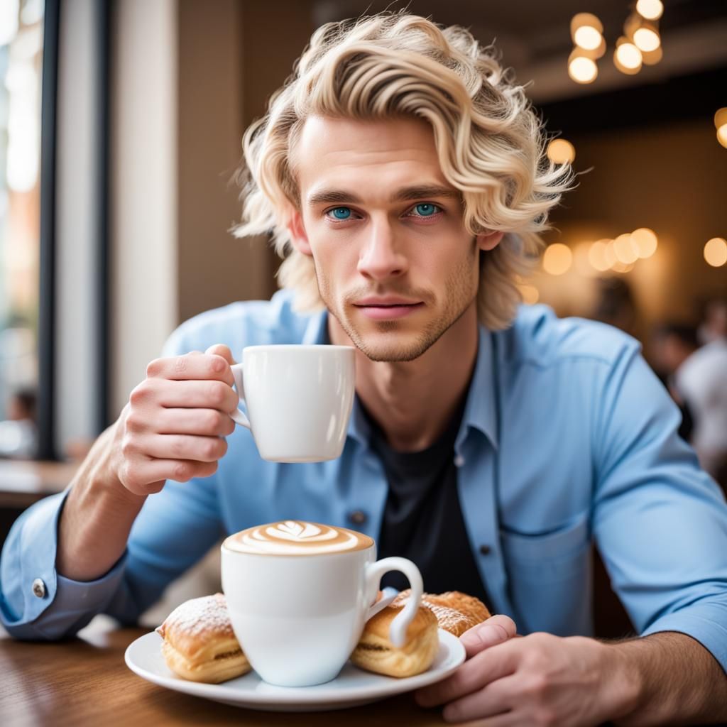 Handsome Student with Cappuccino and Pastries, Bokeh