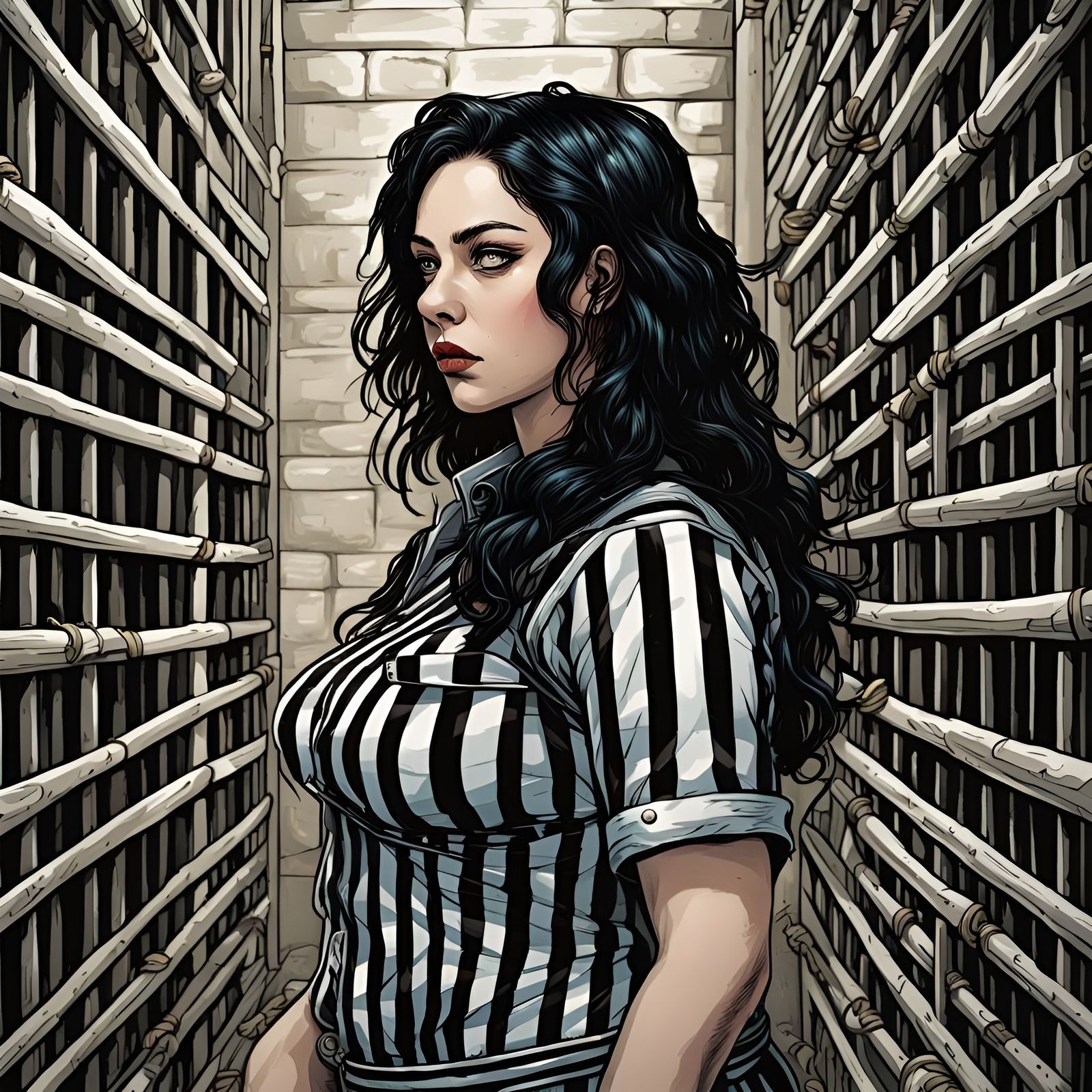 Voluptuous Inmate in Dystopian Comix Illustration