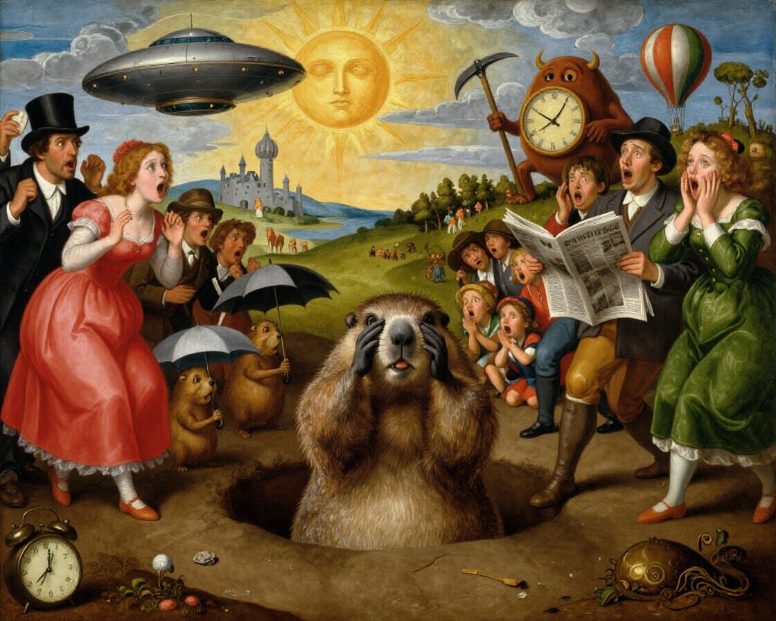 Groundhog Day Surreal Oil Painting with Crowd and UFO