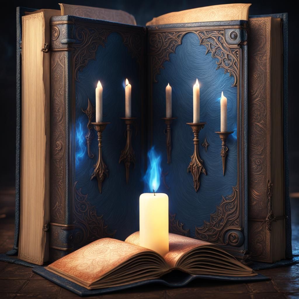 Blue Flame Candles Illuminate Ancient Book