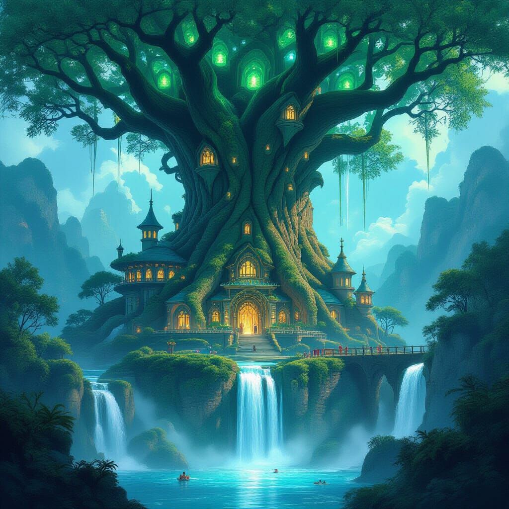 Elven City in Ancient Tree, Bioluminescent Steampunk Style