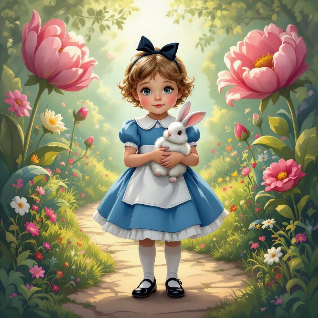 Boy with Rabbit in Whimsical Garden Storybook Style