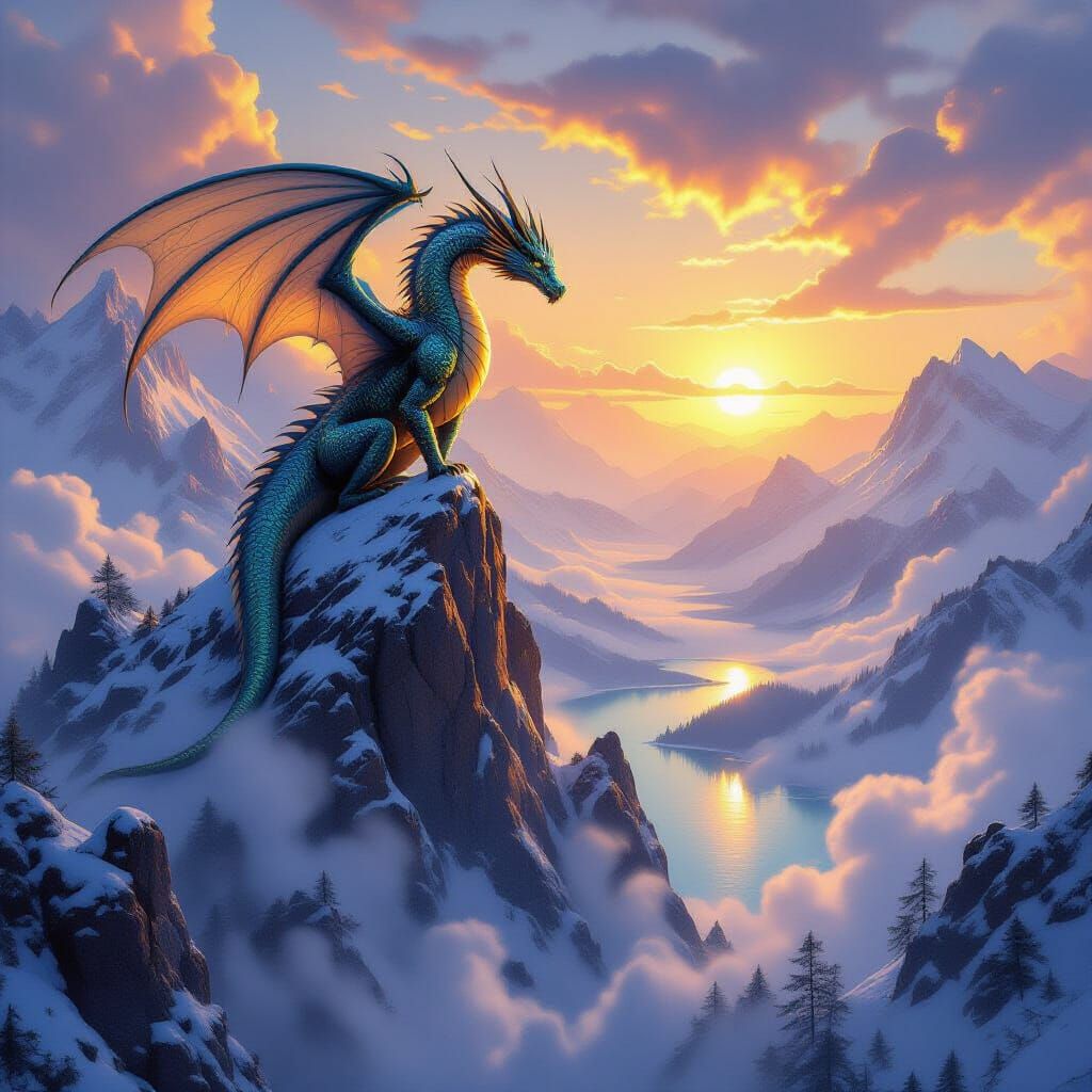 Ancient Dragon on Snowy Peak Surveys Mystical Valley