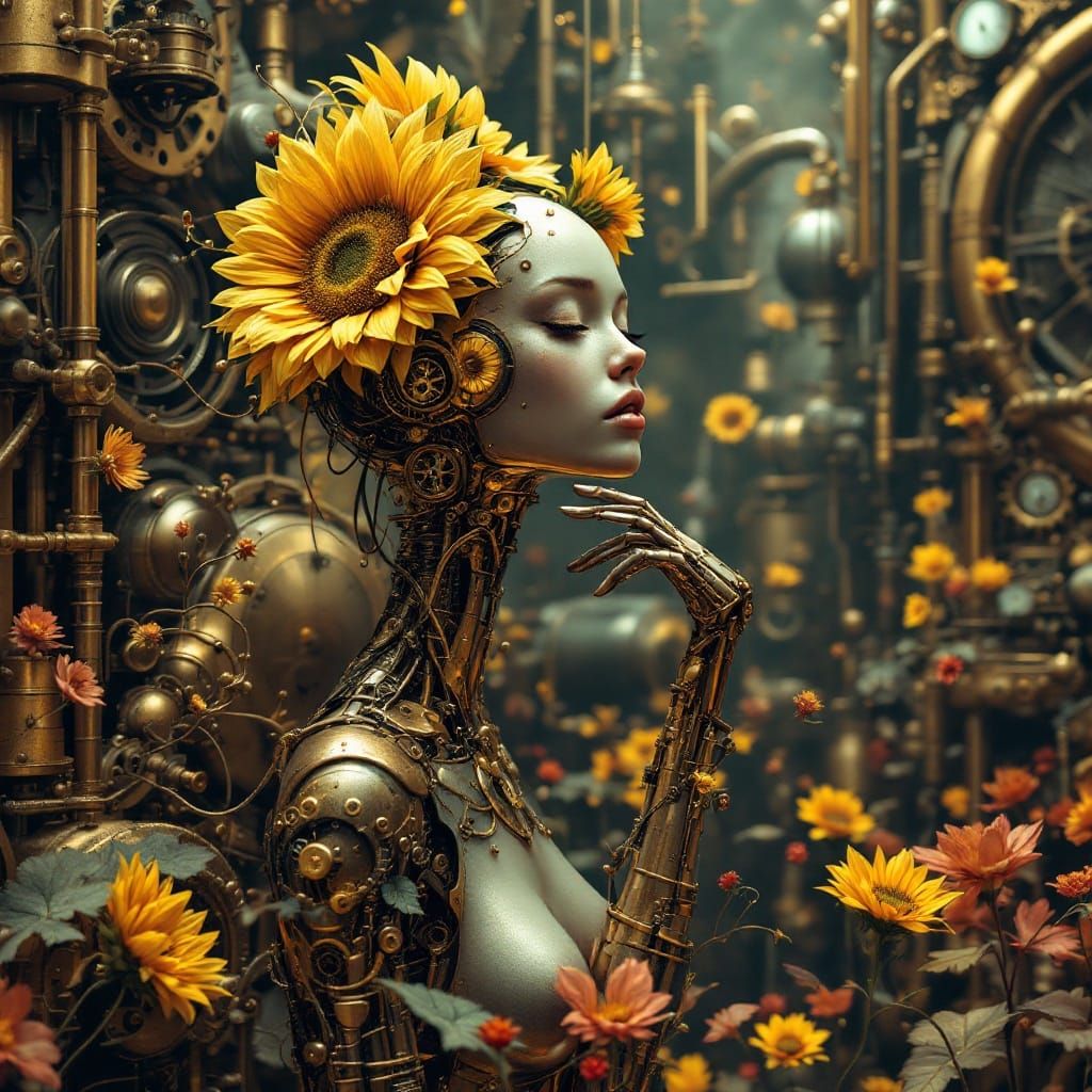 Timeless Elegance: A Steampunk Metallic Goddess Amidst Clock...