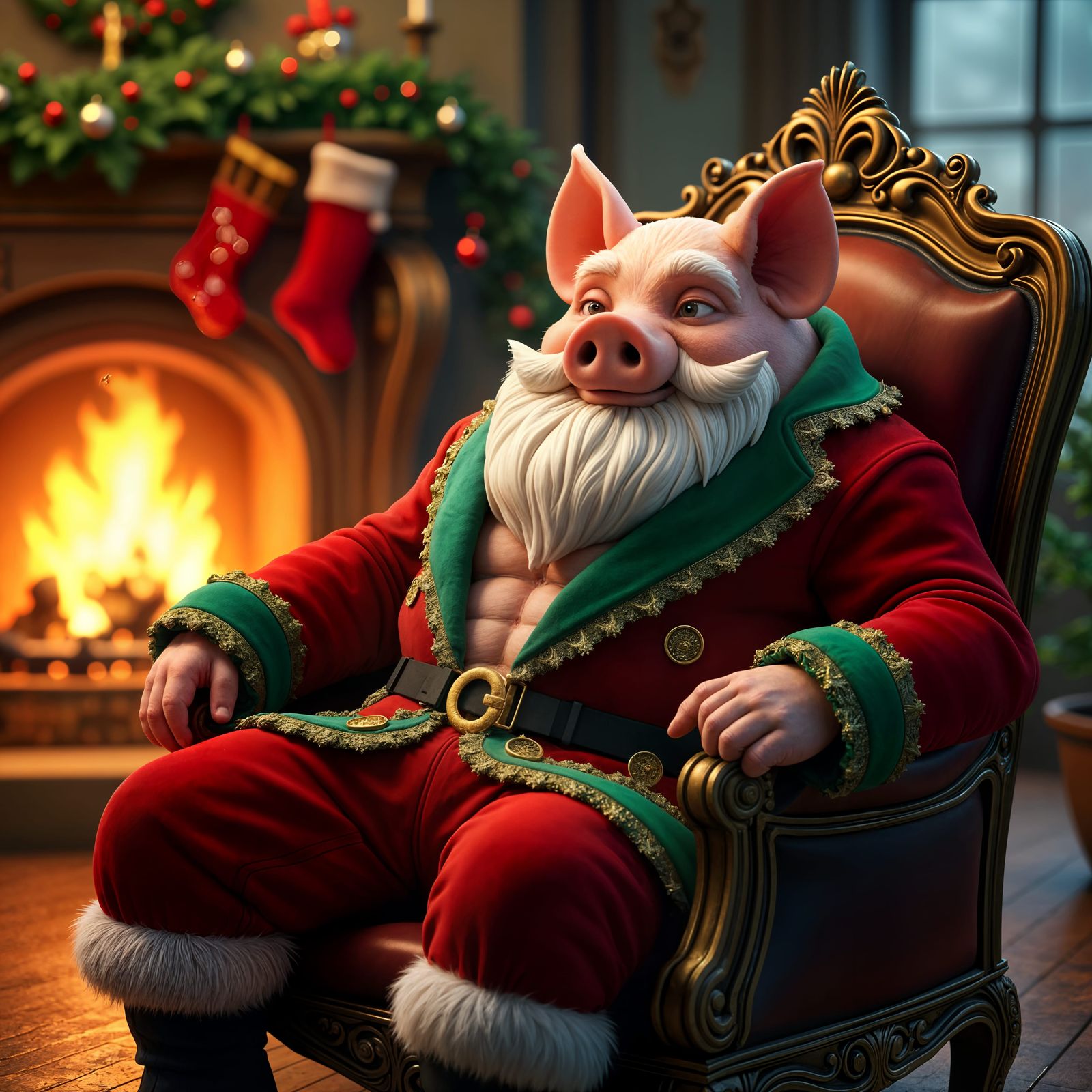 Muscular Santa Pig Relaxing by Fireplace