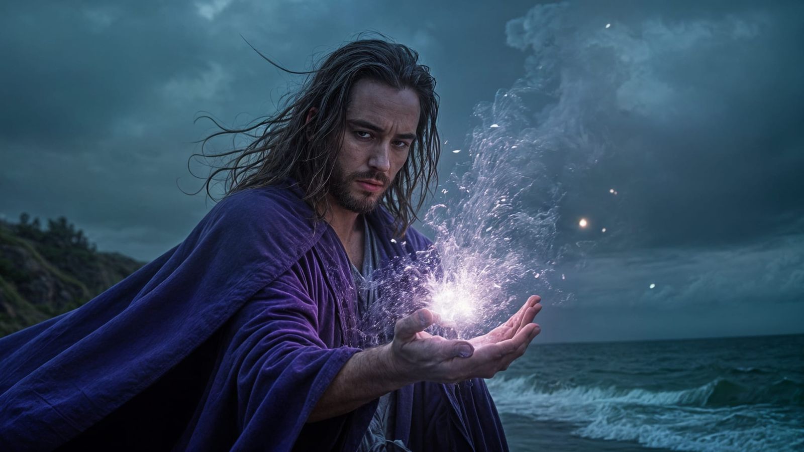 Majestic Magician in Purple Robe Conjures Portal