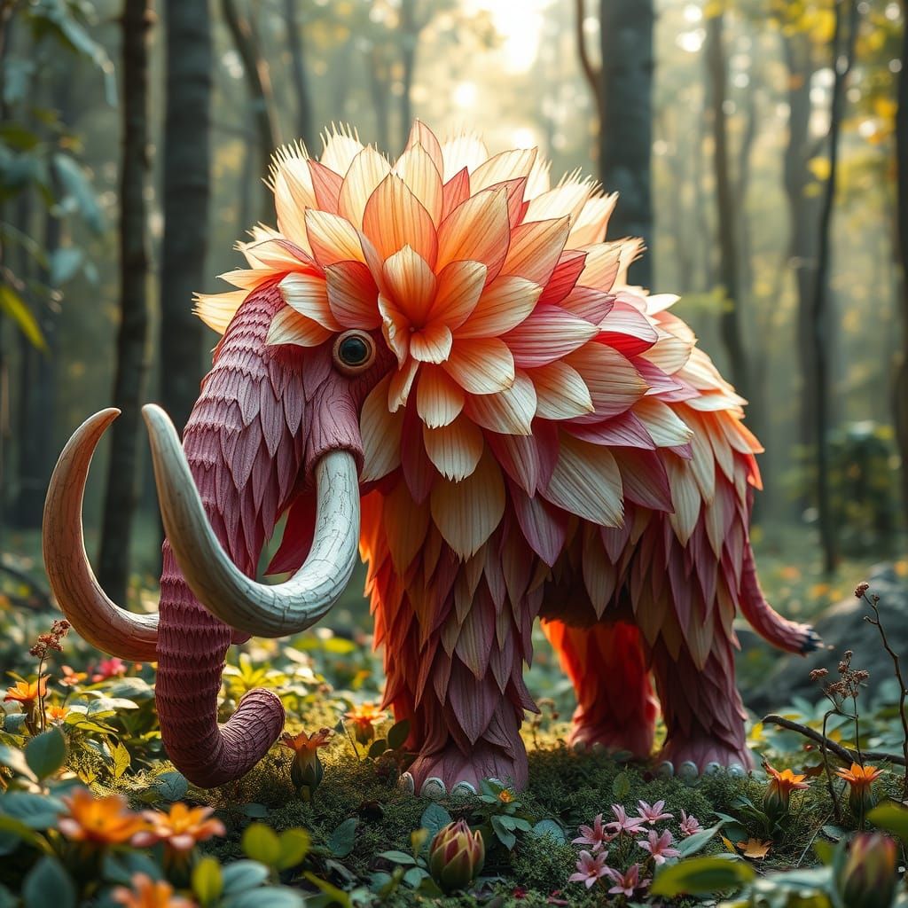 Floral Mammoth in Jurassic Forest, Digital Illustration
