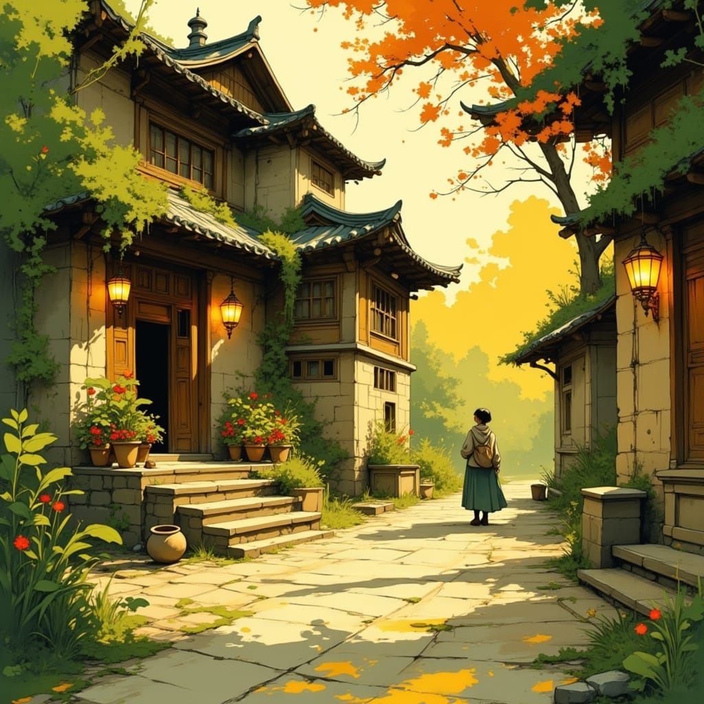 Cinematic Anime Background Art with Golden Hour Lighting