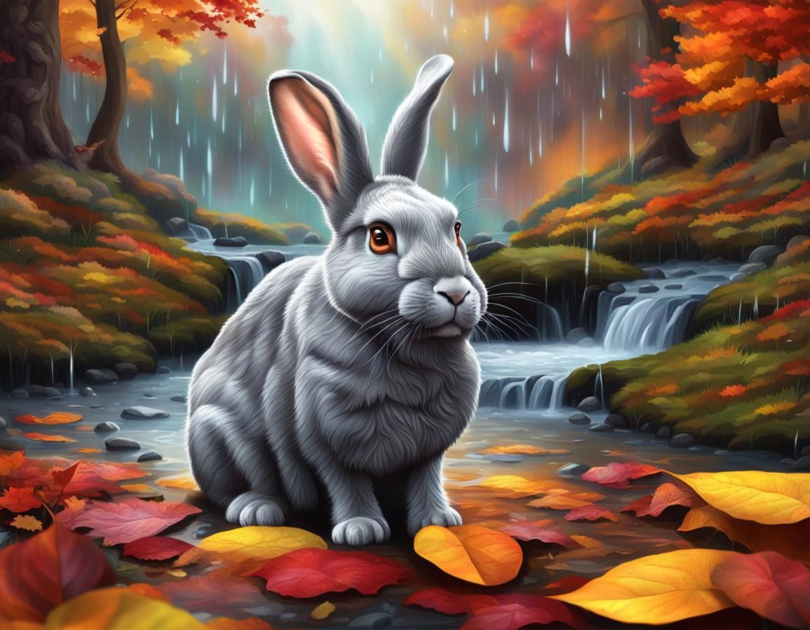 Sad Rabbit in Rainy Autumn Forest, Crystal Art