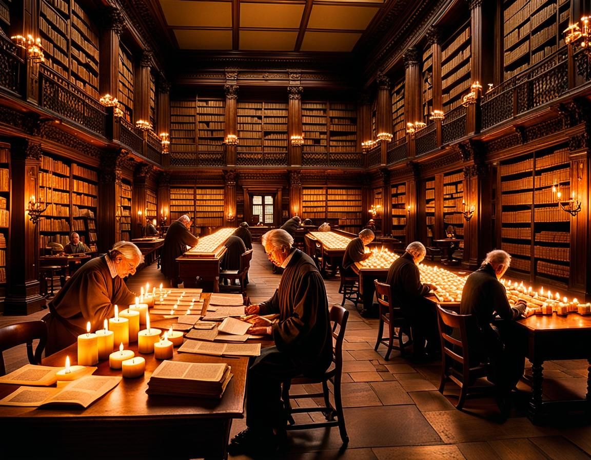 Ancient Library at Dusk: A Scholarly Scene