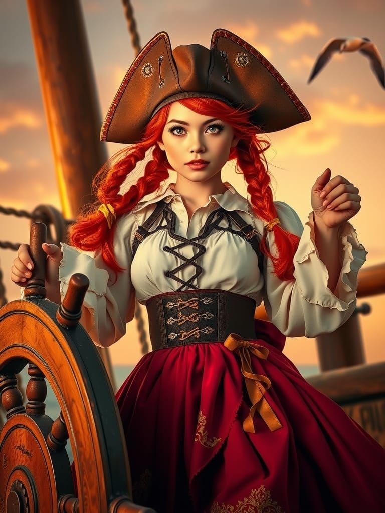 Whimsical Pirate Girl at Sunset in Golden Aesthetic