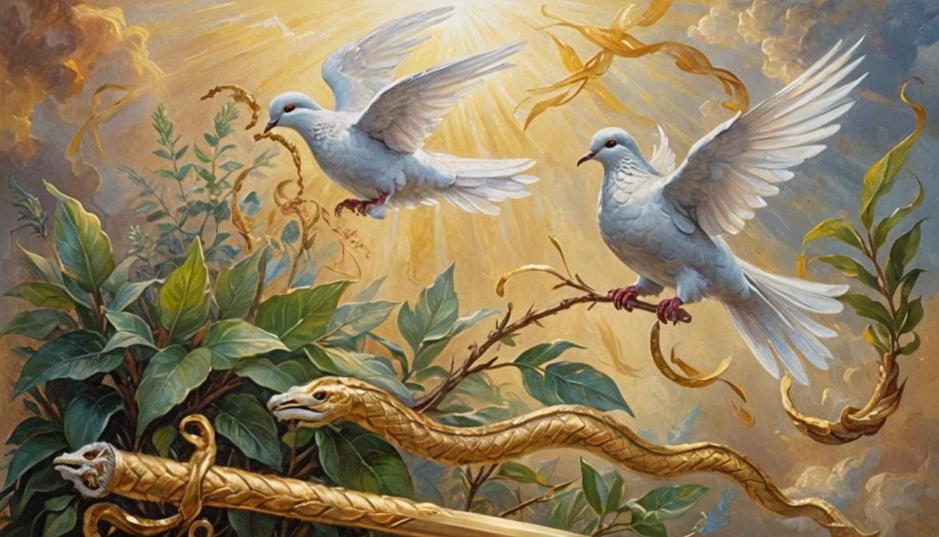 Dove With Plant, Sword, and Snake in Oil Painting