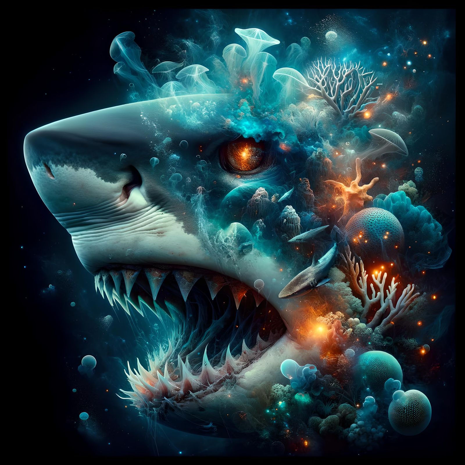 Shark Double Exposure with Bioluminescent Coral Memories