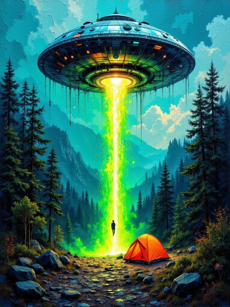 Surreal Alien Abduction in Expressive Oil Painting Style