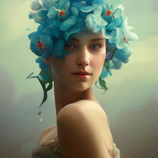 Aquamarine Tulips: Hyperdetailed Art Nouveau Portrait