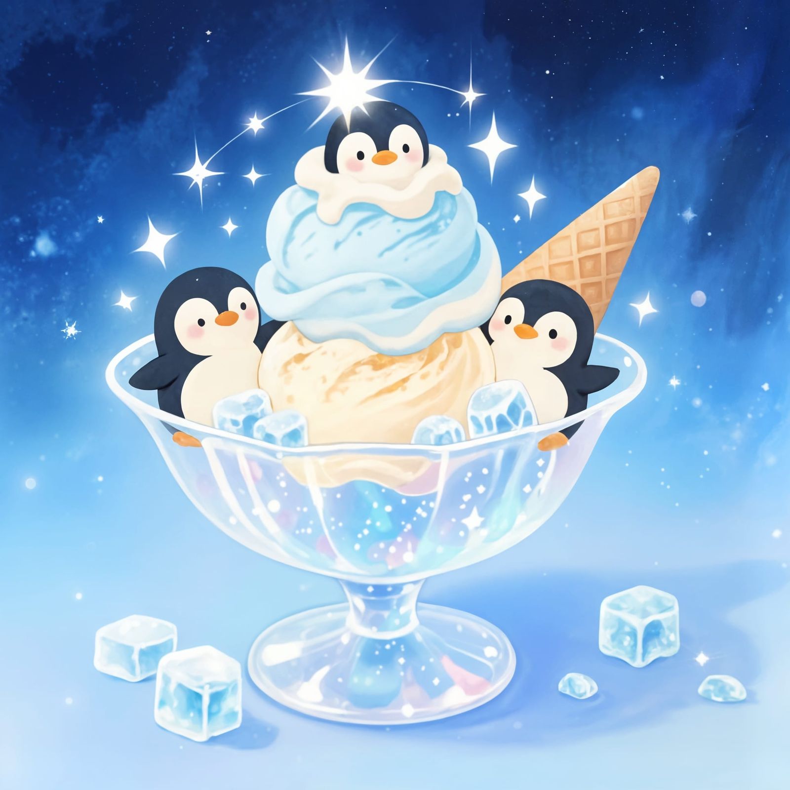 Dreamy Watercolour Penguin Ice Cream in Sparkly Bowl
