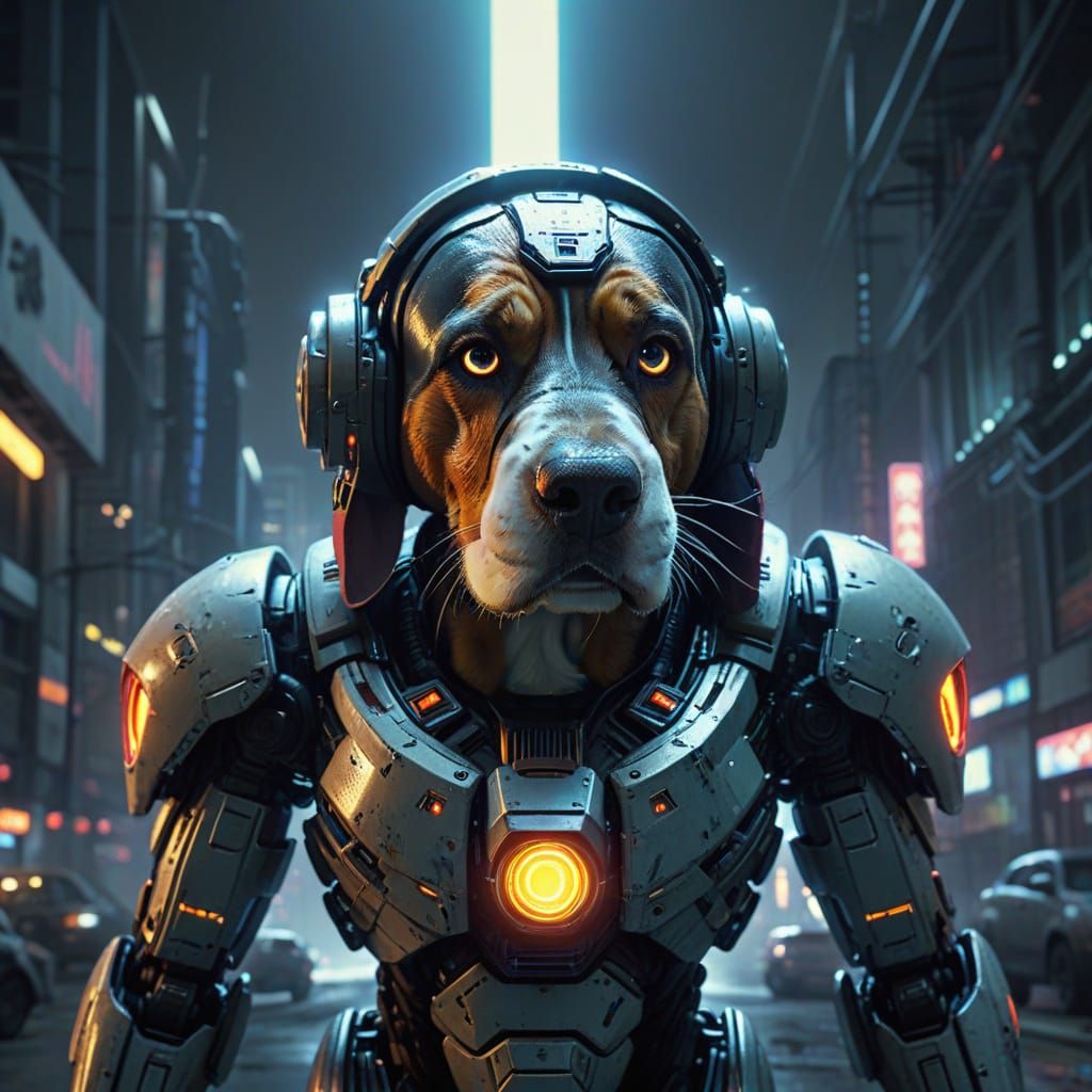 A Hound in a futuristic pilot suit, piloting a giant robot, ...