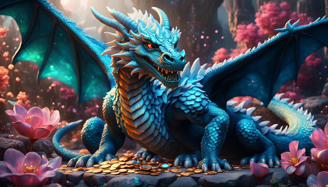 Opal Dragon Guarding Treasure: Fantasy Art