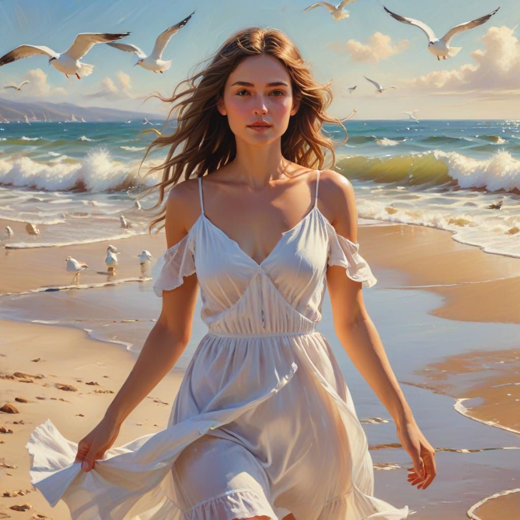 Serene Beach Scene in Dreamy Oil Painting