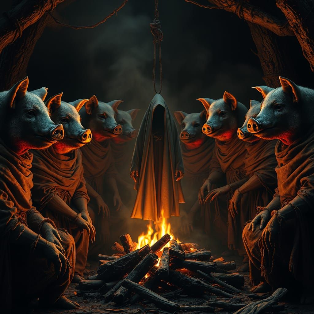 Grotesque Pig-Humanoids Roast Human in Dark Ritual