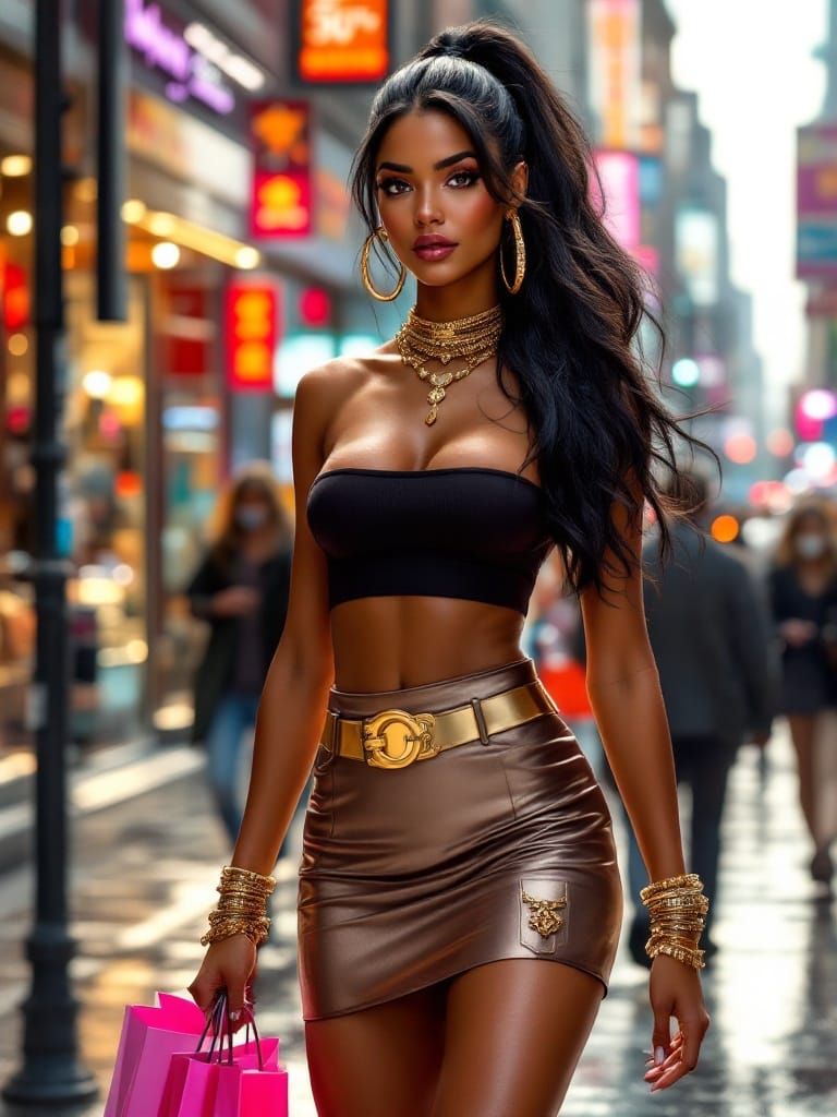 Beautiful Latina on City Street in Splash Art Style