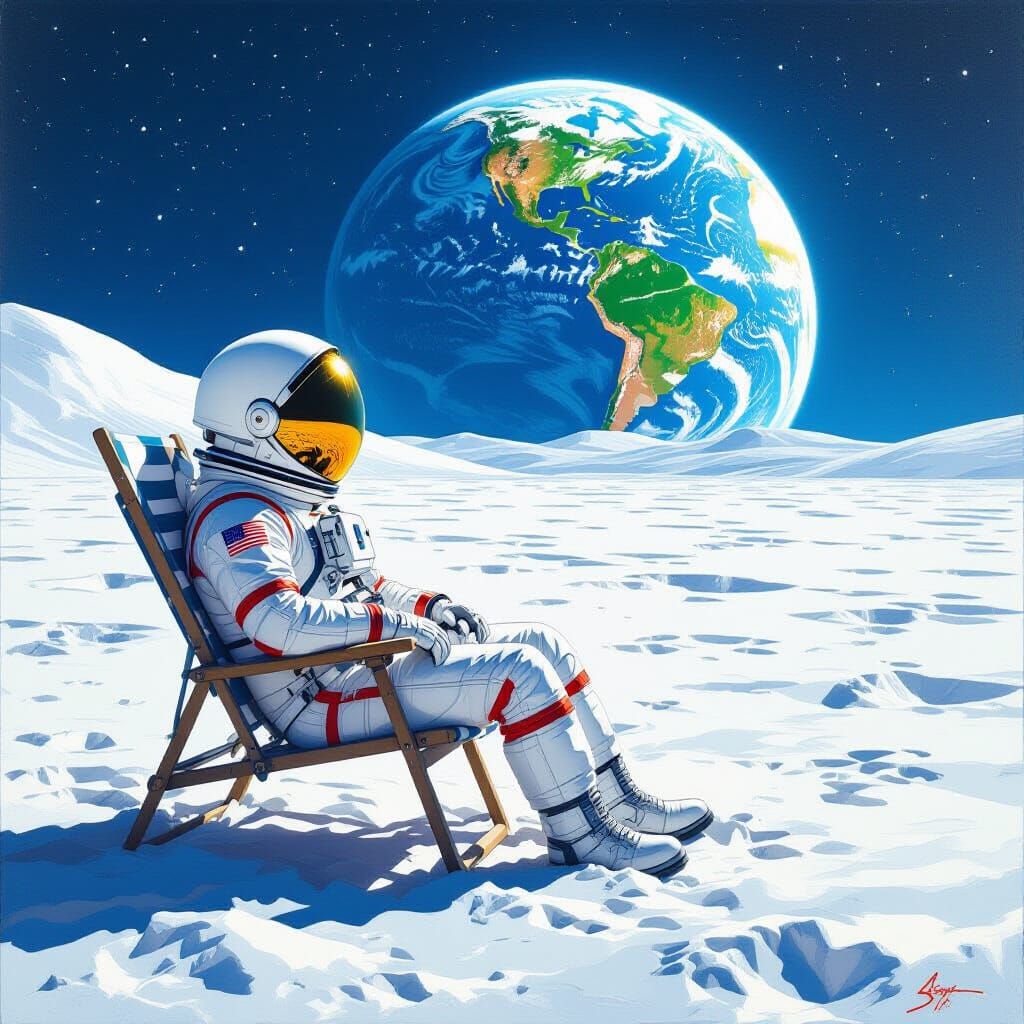 Spaceman Gazes at Earth from Moon in Surreal Lawn Chair