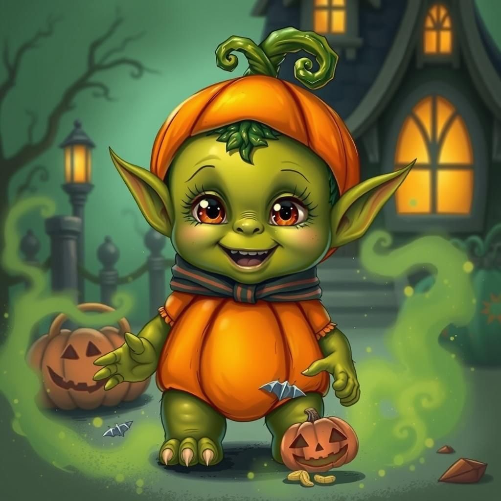 Adorable Orc Baby in Pumpkin Costume for Halloween