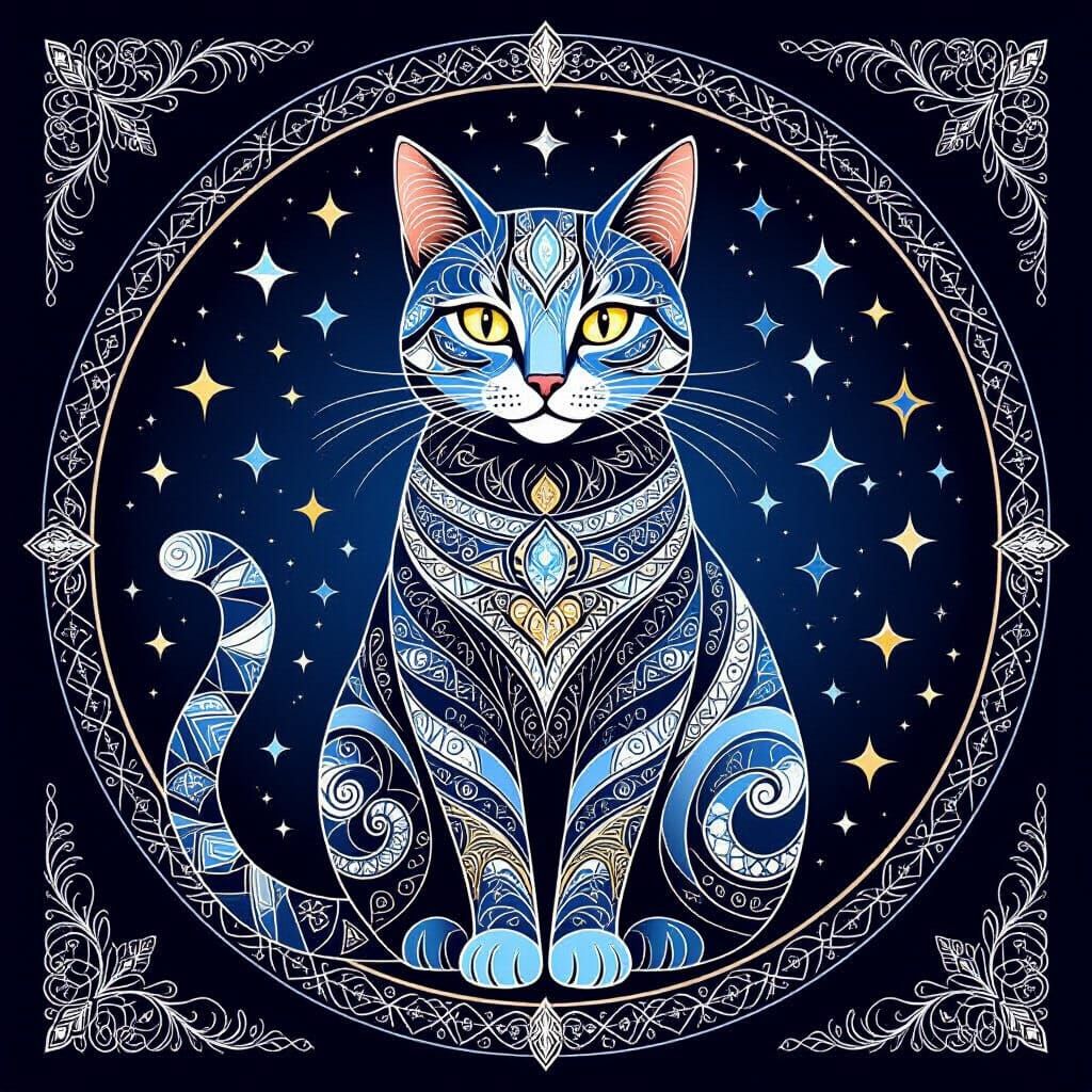 Sacred Geometry Cat in Continuous Line Art