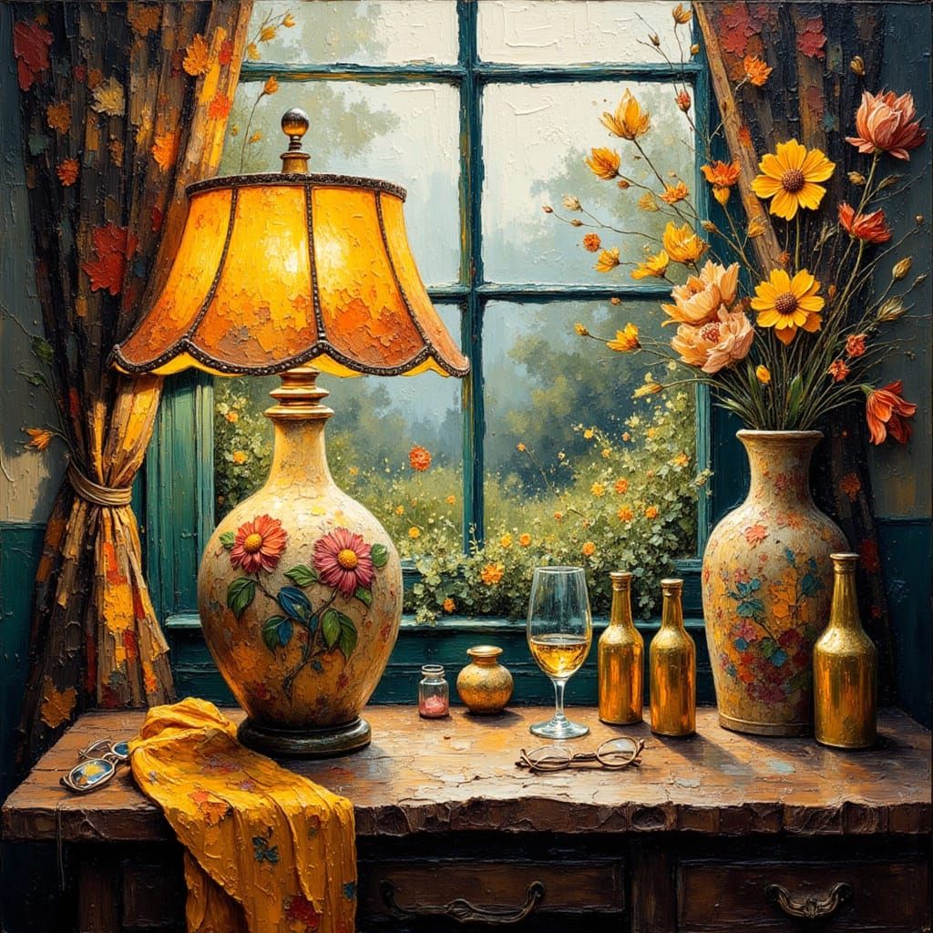 Textured Oil Painting of a Ceramic Lamp in an English Garden
