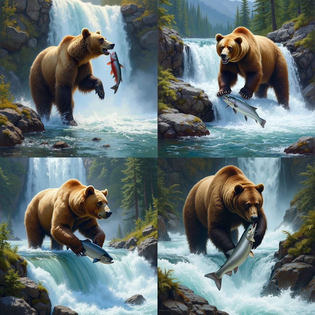 Grizzly Bear Catches Salmon in a Cascade