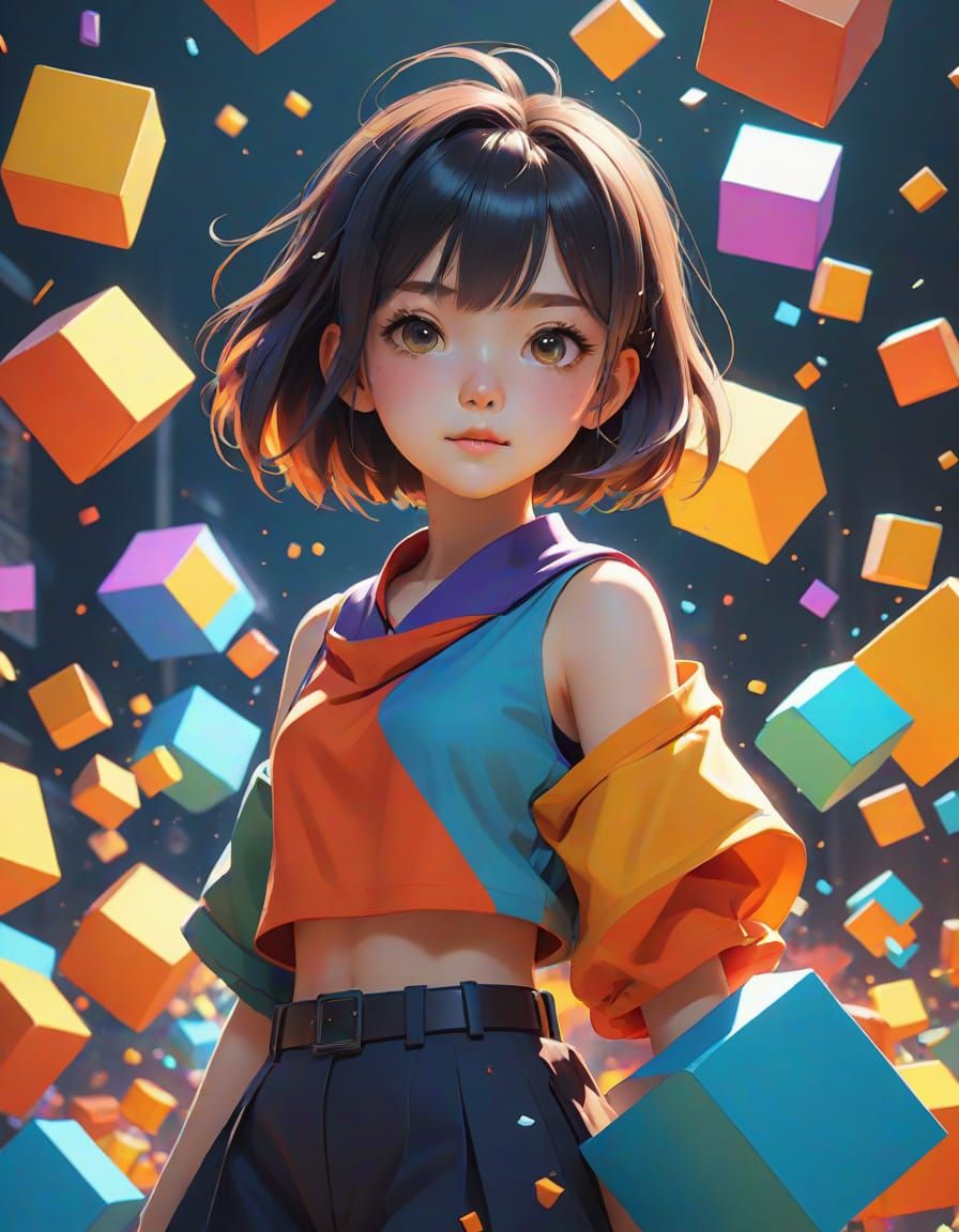 Vibrant Abstract Squares in Cel-Shaded Anime Style