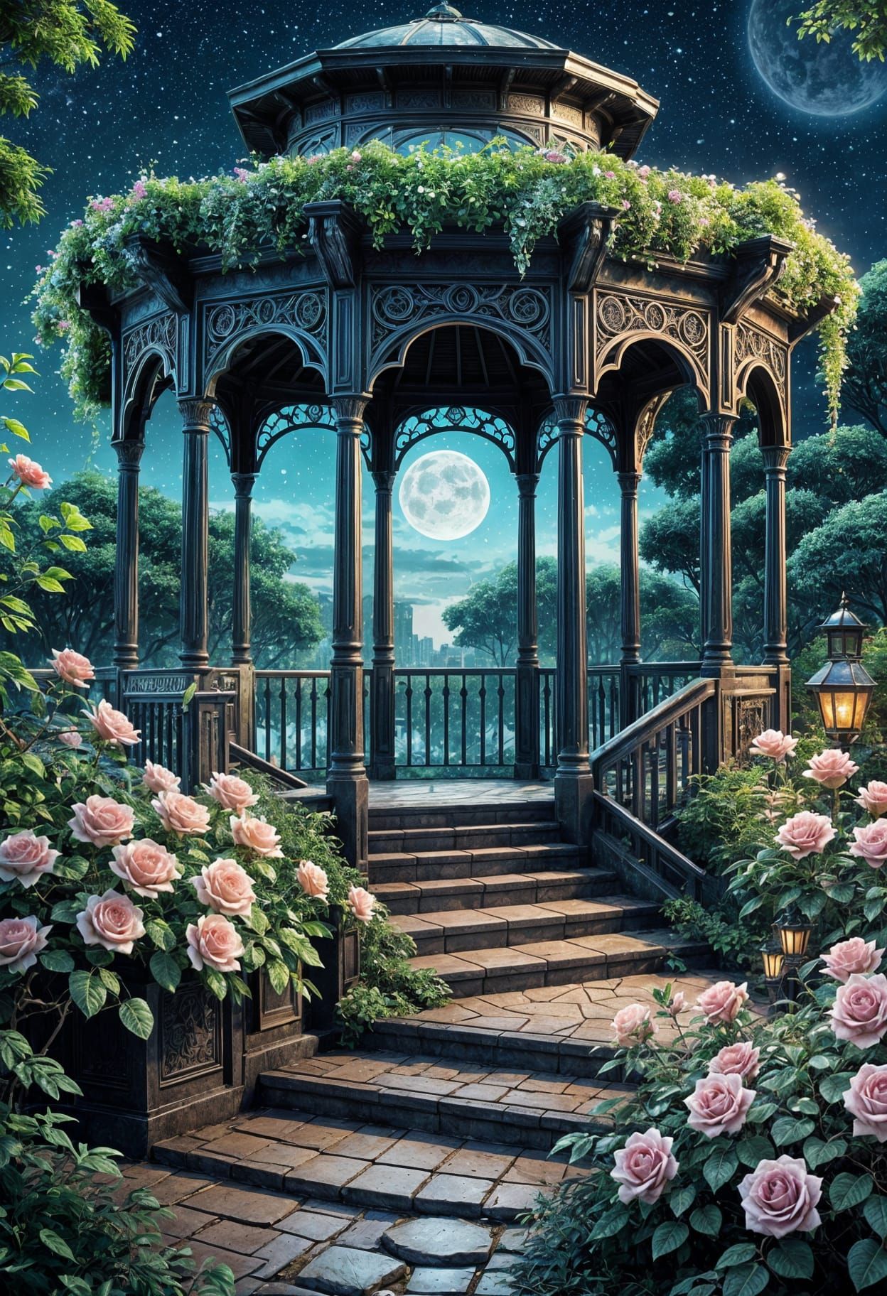 Cyberpunk Moonlit Oasis with Gazebo and Roses