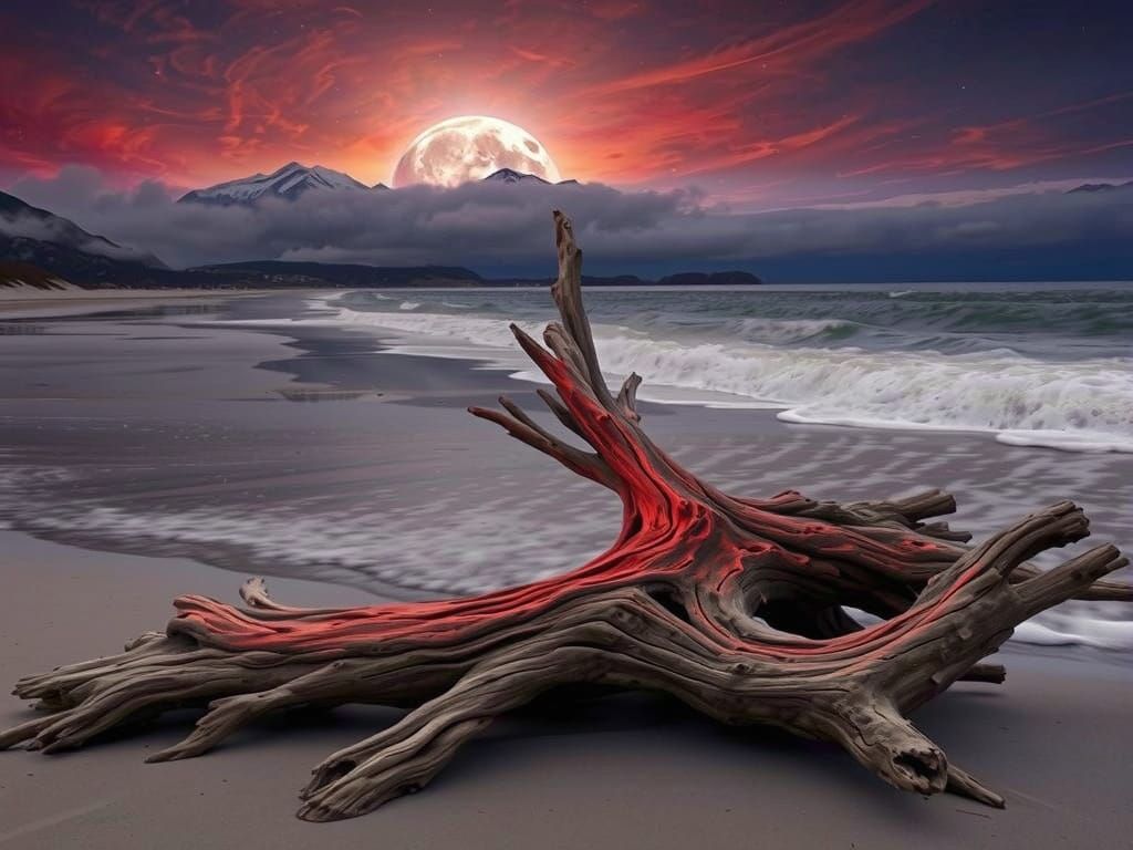 Moonlit Driftwood Artwork with Winter Wonderland Scene