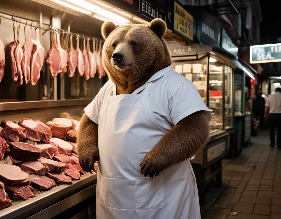 Obese Bear Butcher Sells Meats in Nighttime Corner Store