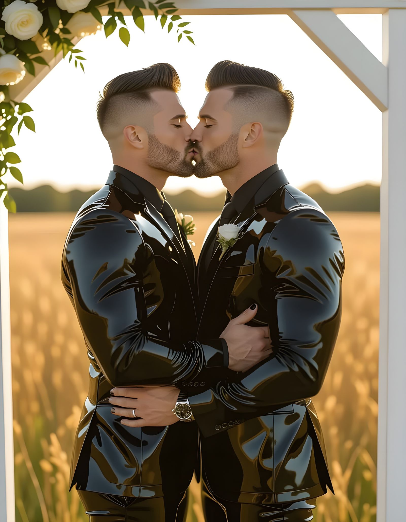 Passionate Kiss: Two Men in Latex Suits, Hyperrealistic Port...