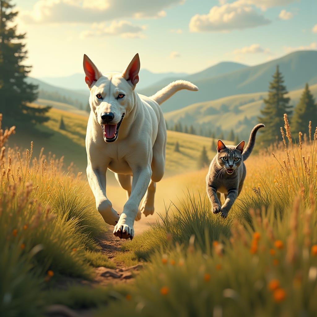 Cat Pursues Dog in Fantasy Meadow, Detailed Matte Painting